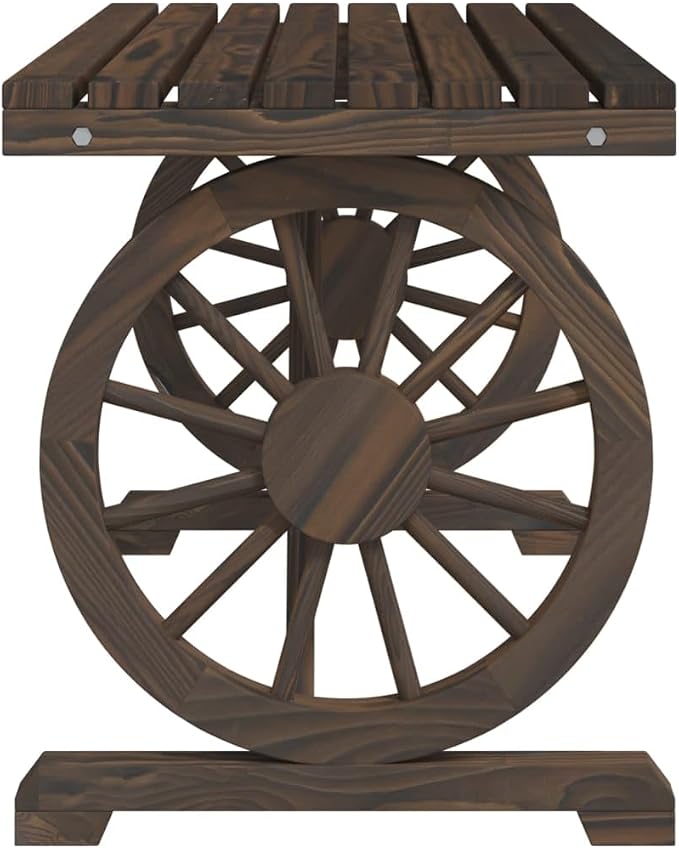 5-Piece Burnt Fir Wood Patio Dining Set with Wagon Wheel Design | Features 1 round table and 4 matching stools, providing rustic outdoor seating for backyard, garden, or porch.