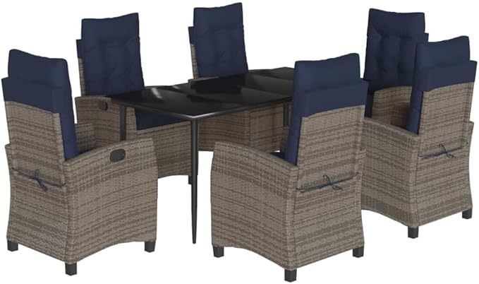 Backyard Furniture Patio Conversation Sets Outdoor Seating 7 Piece Patio Dining Set with Cushions Gray Poly Rattan Suitable for Gardens, Balconies, Decks