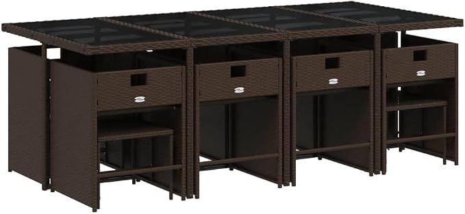 13 Piece Patio Dining Set, Poly Rattan Garden Table and Chairs with Foldable Backrests, Space-Saving Cube Dining Furniture with Cushions, Brown