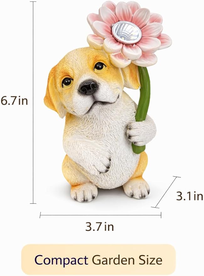 GoGnome Solar Dog Garden Statue with LED Flower – Hand-Painted Resin Puppy Figurine, Solar Powered Outdoor Garden Decor, Auto On/Off Yard Light Gift (Puppy)