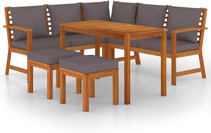 6-Piece Patio Dining Set, Solid Acacia Wood Outdoor Furniture with Thick Cushions, Rustic Brown Modular Garden Seating Sofa, Table and Footstools for Deck, Backyard and Terrace