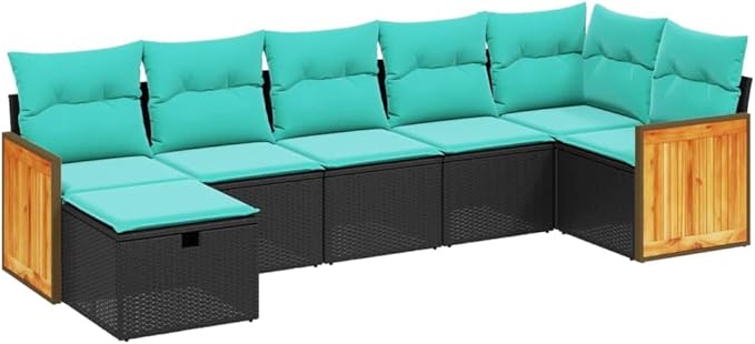 7 Piece Patio Sofa Set with Cushions, Patio Conversation Set Sectional Sofa Porch Furniture Set Outdoor Dining Sets for Negotiation Area Exhibition Poolside Piazza Black Poly Rattan