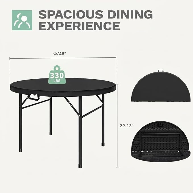 YITAHOME Heavy Duty Folding Table 48", Black Round Plastic Outdoor Table, Portable Round Foldable Table for Patio Banquet Camping Picnic Party Dining