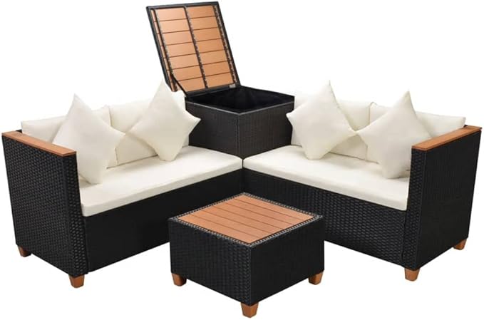 vidaXL Patio Furniture Set 4 Piece, Patio Conversation Set with Cushions, Outdoor Sectional Sofa with Coffee Table for Garden, Poly Rattan Black
