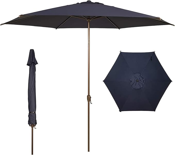Abba Patio 9FT Outdoor Patio Umbrella Outdoor Table Umbrella with Crank Market Umbrella 6 Sturdy Ribs UV Protection Waterproof and Push Button Tilt for Garden Deck Backyard Pool, Dark Blue
