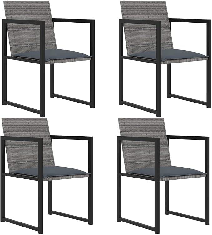 5 Piece Patio Dining Set, Gray Poly Rattan Outdoor Furniture Set with 42.9 Inch Square Tempered Glass Table and 4 Cushioned Chairs for Backyard, Garden and Al Fresco Dining