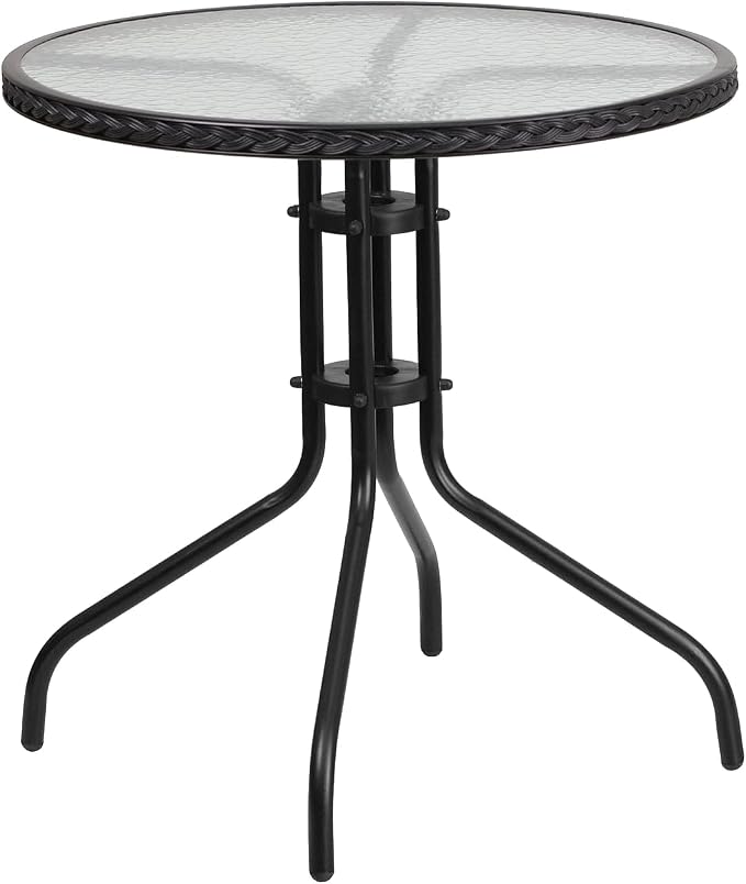 Flash Furniture Barker 28'' Round Tempered Glass Metal Table with Black Rattan Edging