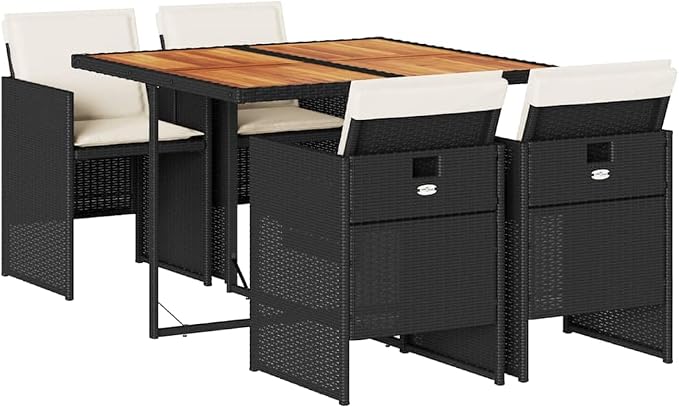 5-Piece Garden Dining Set with 4 Cushioned Chairs, Outdoor Patio Table and Chairs Set, PE Rattan and Acacia Wood Square Table for Backyard, Terrace and Outside Dinning, Black and Cream
