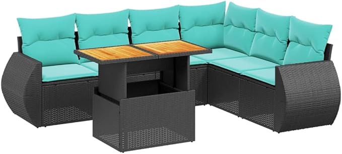 vidaXL Patio Sofa Set with Cushions 7 Piece, Outdoor Sectional Sofa Couch, Patio Conversation Set for Garden Backyard, Black Poly Rattan