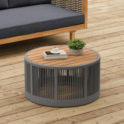 IRONORA 2 Piece Nesting Patio Table Set, Solid Acacia Wood Top Grey Hand-Woven Rope Round Coffee & Side Table, Weather Resistant Hollow Drum Accent Tables for Backyard Balcony Coastal Boho Decor