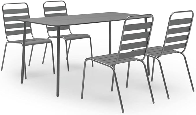 5 Piece Patio Dining Set Steel Dark Gray Outdoor Table and Chairs with Slatted Design, Weather Resistant Stackable Seating for Garden Dining Room Backyard, Durable Steel Powder Coated Furniture Set