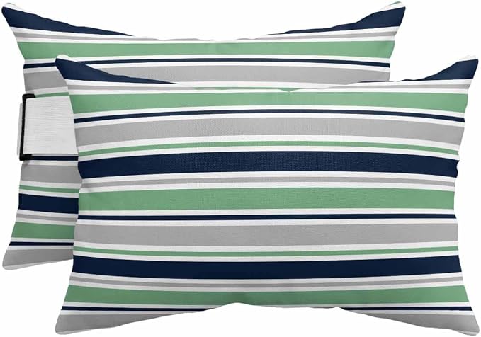 Pack of 4 Outdoor Lumbar Pillow Covers 11x16 Inch, Green Grey Striped Waterproof Throw Pillow Covers Set, Farmhouse Stripes Modern Abstract Art Outside Decorative Cushion Cases for Patio Porch Car