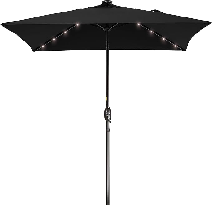 Square Patio Umbrella With Solar Lights, 6.5x6.5ft Square Umbrella Outdoor Patio with Tilt and Crank for Pool, Deck, Garden,Backyard