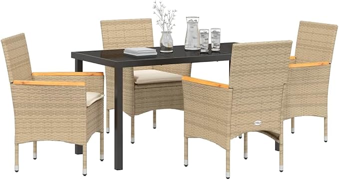 5 Piece Outdoor Dining Set, Beige Poly Rattan Patio Table and 4 Chairs, Garden Furniture Set with Washable Cushions and Tempered Glass Tabletop
