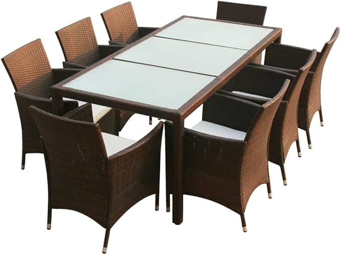 9 Piece Patio Dining Set with Cushions Poly Rattan Brown Outdoor Table and 8 Chairs Glass Top Aluminum Frame Weatherproof for Garden Deck Backyard Entertainment