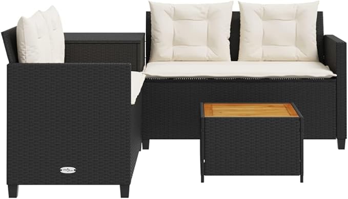 Patio Sofa with Table and Cushions, Outdoor Dining Sets Patio Conversation Set Bistro Set Front Porch Furniture for Piazza Poolside Negotiation Area Exhibition L-Shaped Black Poly Rattan
