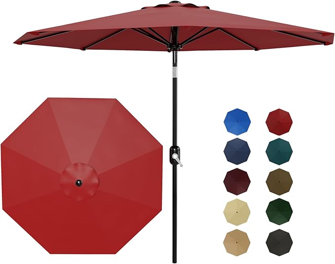 10 ft Patio Umbrella - 8 Sturdy Ribs Outdoor Table Umbrella with Crank Lift & Push Button Tilt - Market Umbrella for Pool, Deck, Yard, Garden - Red