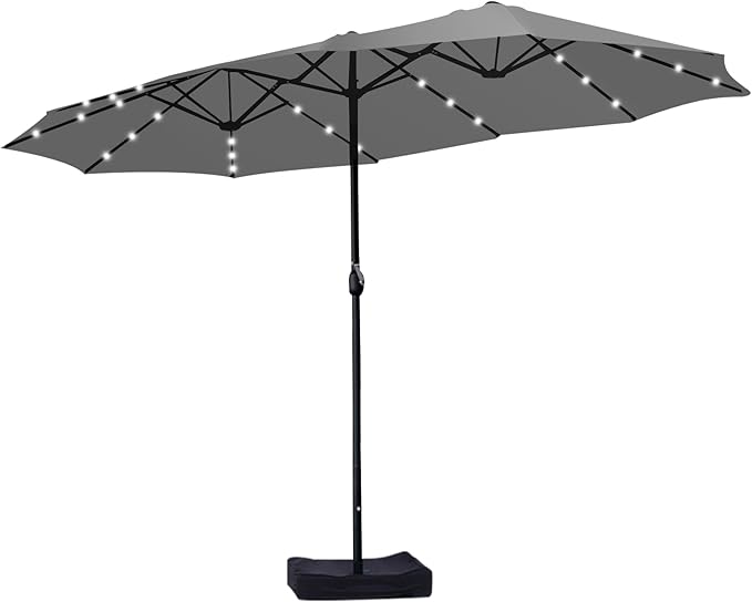 15ft Double Sided Patio Umbrella with Solar Lights, Outdoor Large Umbrellas with Crank Handle and 36 LED Lights, Rectangular Market Umbrella with Base Included for Deck Pool Shade (With Base)