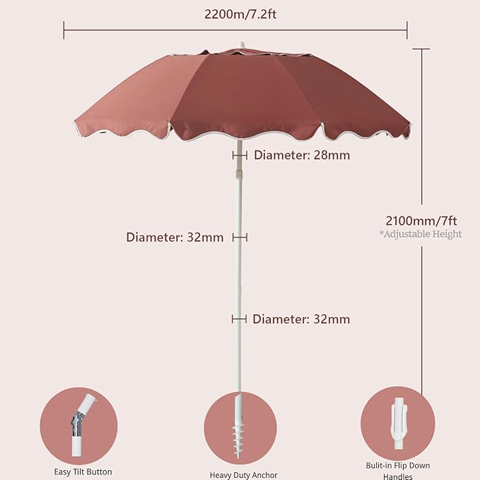7.2FT Patio Beach Umbrella, Adjustable Height and Tilt Design, UPF 50+ Sun Protection with Silver Coating, Wind-Resistant Fiberglass Ribs, Portable 2-Fold Design, Includes Carry Bag, Base Not Included