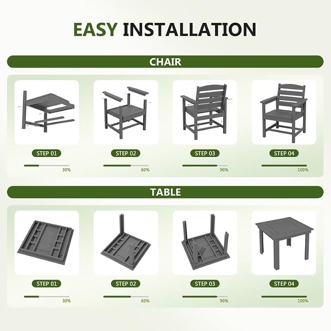 KINGYES HDPE Outdoor Dining Set for 4 with Umbrella, 6-Piece Square Patio Table & Armchairs, All-Weather for Backyard, Garden, Lawn & Poolside, Gray
