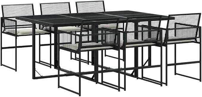 7 Piece Patio Dining Set with Cushions Black Poly Rattan Outdoor Garden Furniture Table and 6 Chairs Tempered Glass Top Foldable Compact Storage Weather Resistant UV Proof