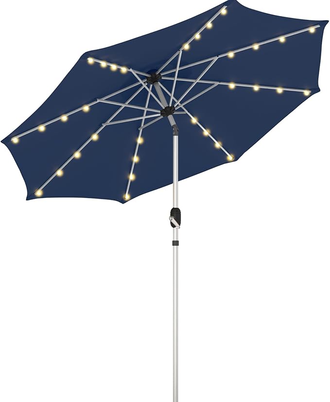 9FT Aluminum Patio Umbrella with 40-LED Solar Lighted, Fade-Resistant Outdoor Market Table Umbrella with Push Button Tilt Function, 8 Sturdy All-Aluminum Ribs for Gardens, Decks, Backyards & Pools