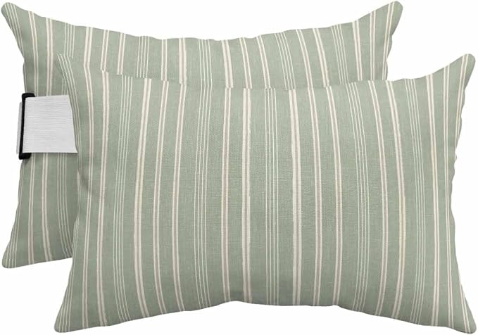 Pack of 2 Outdoor Lumbar Pillow Covers 12x20 Inch, Sage Green Striped Waterproof Throw Pillow Covers Set, Farmhouse Stripes Modern Vintage Indoor&Outdoor Decorative Cushion Cases for Patio Porch Car