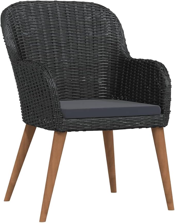 7 Piece Patio Dining Set, Outdoor Wicker Dining Table and Chairs with Dark Gray Cushions, Black Rattan Garden Furniture Set with Glass Tabletop for Backyard, Porch