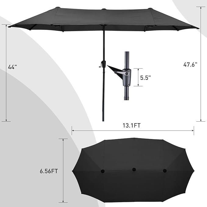 13 ft Patio Umbrella, Large Rectangle Outdoor Umbrella with Strap, Crank, Black