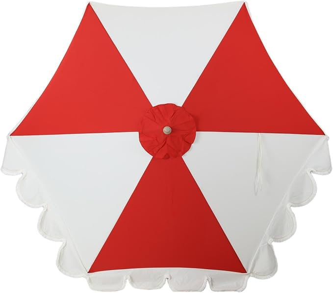 Tempera 9ft Red Scalloped Patio Umbrellas Outdoor Table Umbrellas with Fade Resistant Canopy, 8 Sturdy Rids, Elegant Vintage Umbrellas for Lawn, Pool, Deck, Balcony