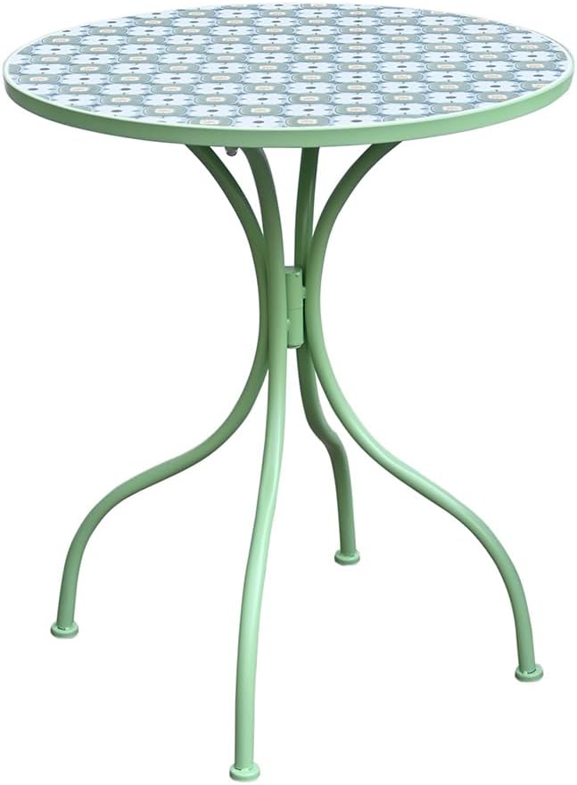 Round Outdoor Side Table Patio Bistro Ceramic Mosaic Patterned Design Tile Top Round Table Outdoor Garden 24 Inch Metal Furniture Dining Table for Yard Balcony Porch Poolside Terrace Green