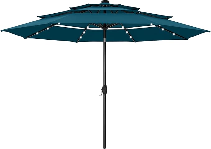 PHI VILLA 10ft Patio Umbrella with Light, Outdoor Large Auto-Tilt 3 Tier Market Table Umbrellas with 8 Sturdy Ribs and 1.5" Pole for Lawn Poolside Garden Terrace, Cyan