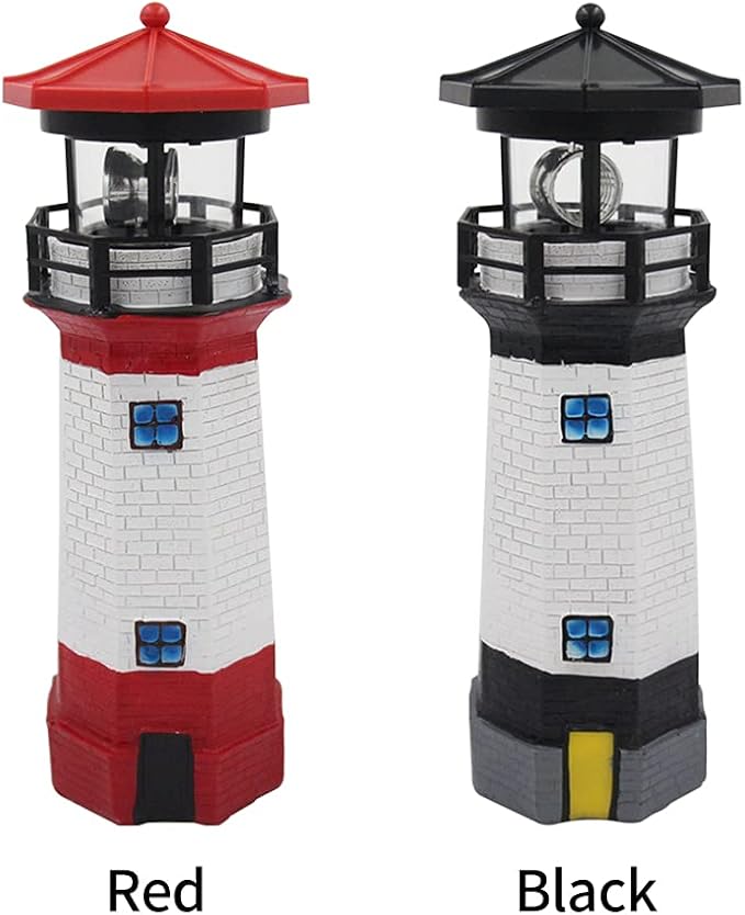 LED Solar Powered Lighthouse, Indoor Outdoor Lighthouse with Rotating Beacon LED Lights, Courtyard Waterproof Landscape Lights for Garden Patio Landscape Outside Yard Gifts Black