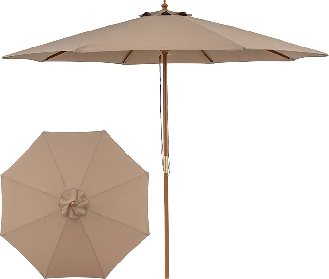 Tangkula 9 FT Patio Umbrella, Outdoor Table Market Umbrella with 8 Wooden Ribs, 3 Adjustable Heights, Rope Pulley System for Garden, Vented Top for Pool Backyard Deck Garden
