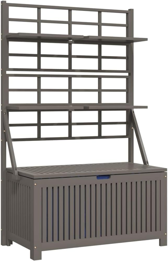 Outdoor Garden Storage Box with Integrated Trellis, Solid Acacia Wood Deck Organizer for Patio, Backyard, and Garage, Large Weathered Grey Storage Bin