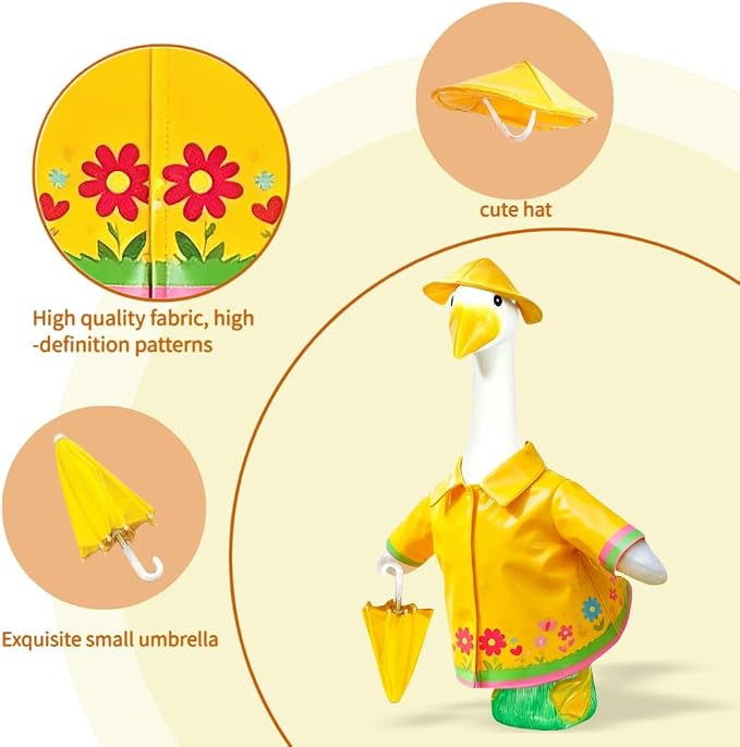 Raincoat Porch Goose Outfits, Summer Lawn Goose Statue Raincoat Costume, Cement/Plastic Goose Clothes Raincoat Umbrella Hat, 3-Piece Set for 23" Yard Goose Statue Patio Garden Decoration