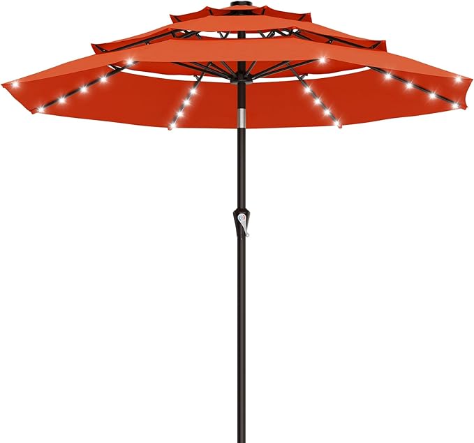 AreShark 9ft 3 Tiers Patio Umbrella with Solar Lights, Outdoor Umbrella w/ 32 LED Lights&8 Sturdy Ribs, Table Umbrella for Deck, Backyard, Pool (Orange)