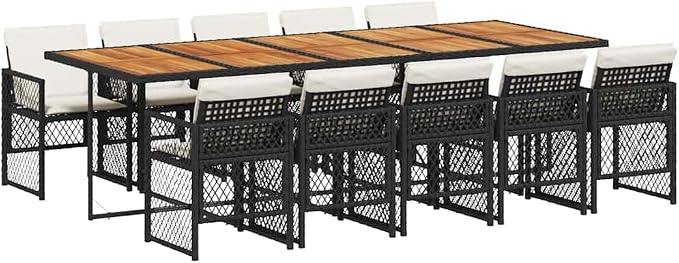 11-Piece Outdoor Dining Set, Acacia Wood Table and 10 Poly Rattan Chairs, Patio Garden Furniture for Backyard Entertaining, Black and Cream
