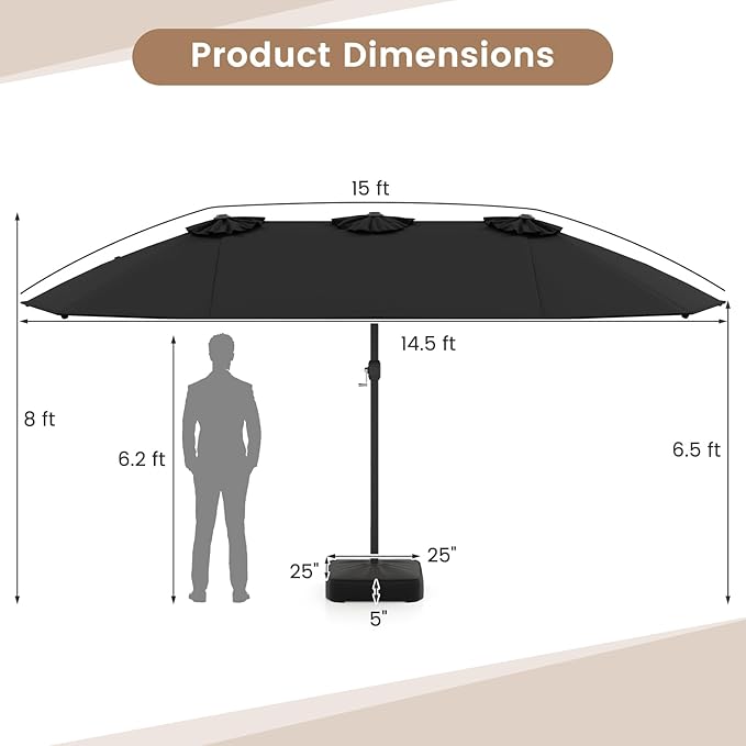 Tangkula 15FT Double-Sided Patio Umbrella with Base, Extra-Large Market Umbrella W/Crank System, Outdoor Twin Umbrella W/ 12-Rib Metal Structure & Air Vents for Garden, Backyard, Poolside