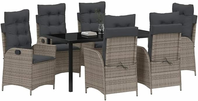 Afuera Living 7-Piece Poly Rattan Patio Dining Set, Black Finish, Glass Tabletop, Adjustable Cushions, Weather-Resistant, Ergonomic Design, Comfortable Outdoor Seating for Garden, Porch, or Backyard