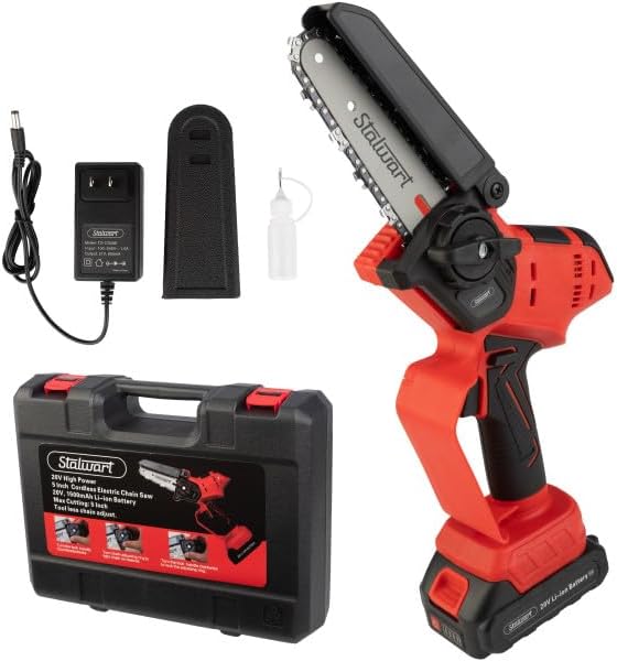 Mini Chainsaw - 5-Inch Chain Saw with 20V 1500mah Lithium Ion Battery, Charger, and Carry Case - Handheld Saw for Wood Cutting by Stalwart (Black/Red)