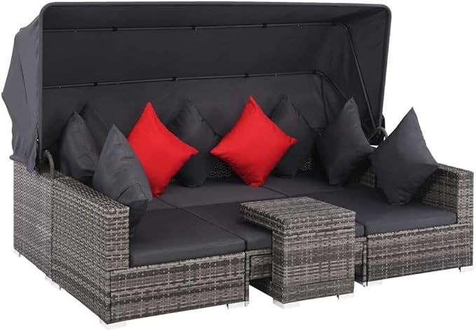 vidaXL Patio Furniture Set 7 Piece, Patio Conversation Set with Cushions and Canopy, Sectional Sofa with Side Table, Wicker Furniture, Poly Rattan Gray