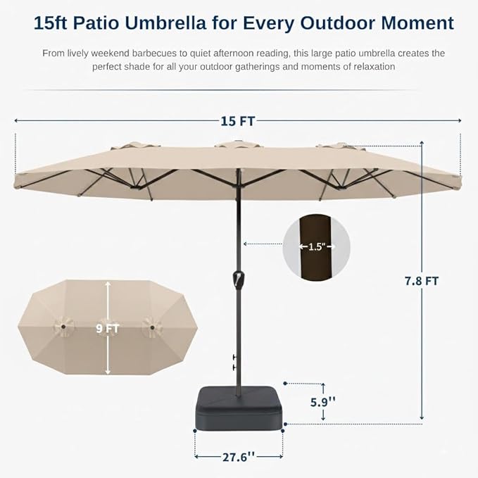 15FT Large Patio Umbrella with Base, Double Sided Rectangular Outdoor Umbrella with Sturdy Fiberglass Ribs, UPF 50+ Sun Protection, Wind-Resistant, Waterproof Fade-Resistant Fabric for Pool, Garden, Backyard, Deck(Beige)