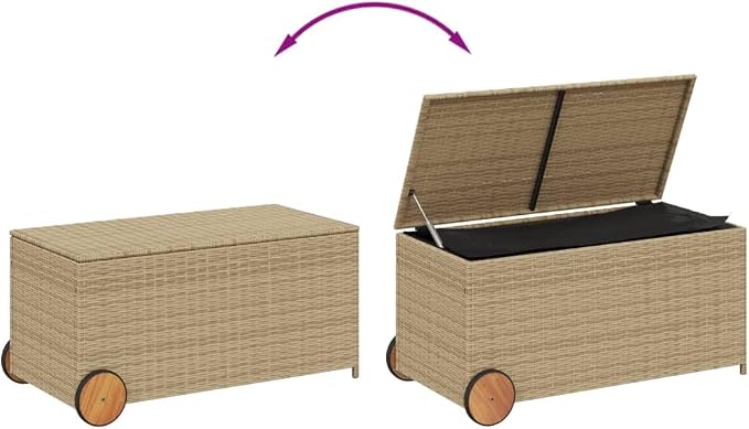 Garden Storage Box with Wheels 50.2 Gal Outdoor Patio Furniture Organizer, Mix Beige Poly Rattan Waterproof Storage Bench for Cushions Pillows Blankets, Durable Steel Frame & Easy to Move