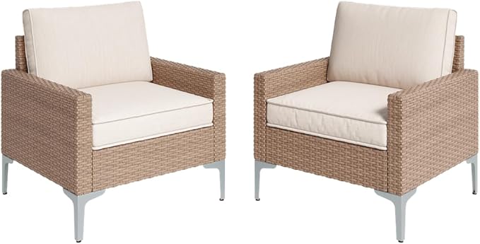 2 Pieces Patio Single Sofa Chairs Outdoor Sofa Armchairs with Anti-Slip Cushions and Waterproof Cover for Balcony,Deck,Beige