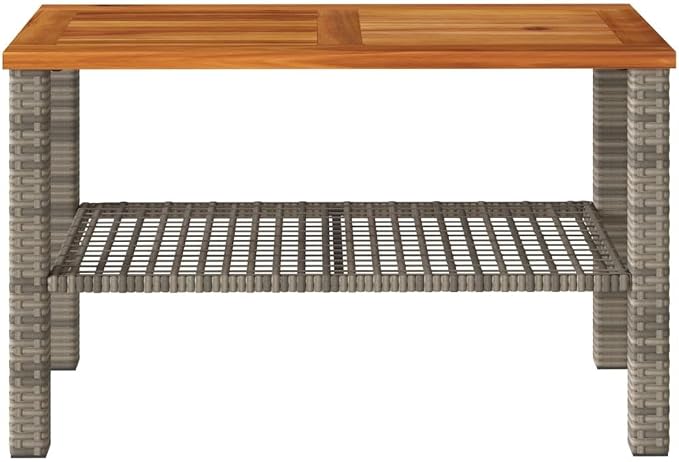 Small Garden Table with Acacia Wood Top, 27.6x15x16.5 Inch Poly Rattan Outdoor Table for Patio Backyard