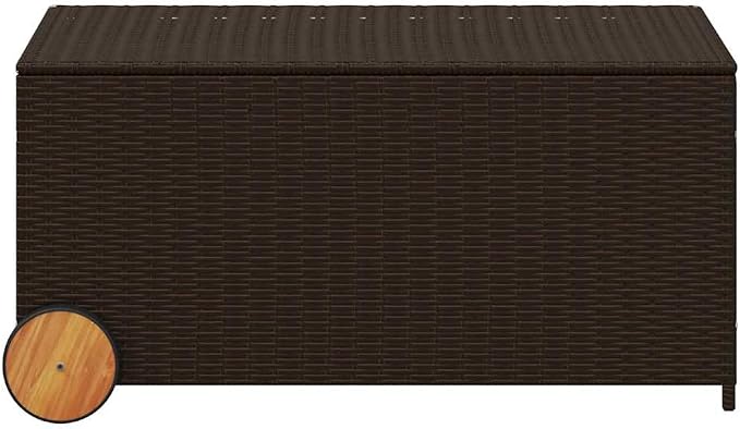 50 Gallon Garden Storage Box with Wheels, Outdoor Deck Box for Patio Furniture Cushions, Weather-Resistant PE Rattan Container, Brown