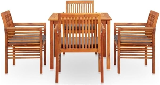 Afuera Living 5-Piece Acacia Wood Outdoor Dining Set, Brown Frame with Dark Gray Cushions, Weather-Resistant Fabric, Stackable Chairs, Oiled Finish, Garden Patio Furniture for Small Spaces