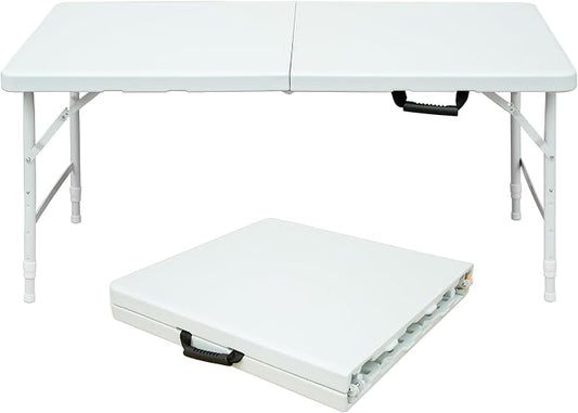 Anwick 4 Foot Folding Table Portable Fold-in-Half Plastic Picnic Table w/Handle and Steel Legs for Indoor, Outdoor, Camping, Party, Garden (White, 4ft)