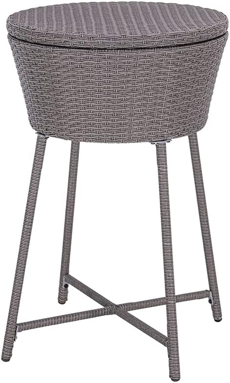 ABBLE Wicker Patio Ice Cooler Table Cool Bar Outdoor Patio Furniture Side Table with Beer and Wine Cooler Grey